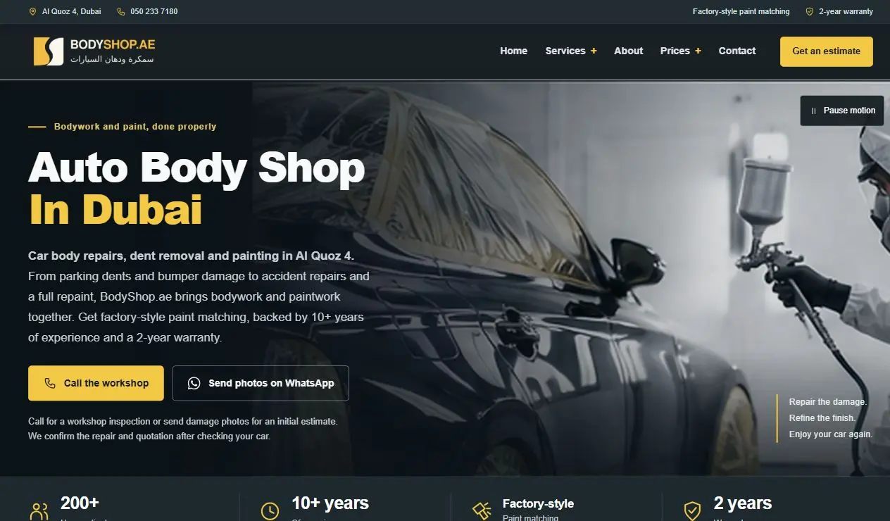BodyShop.ae website design with clear car body repair and painting services
